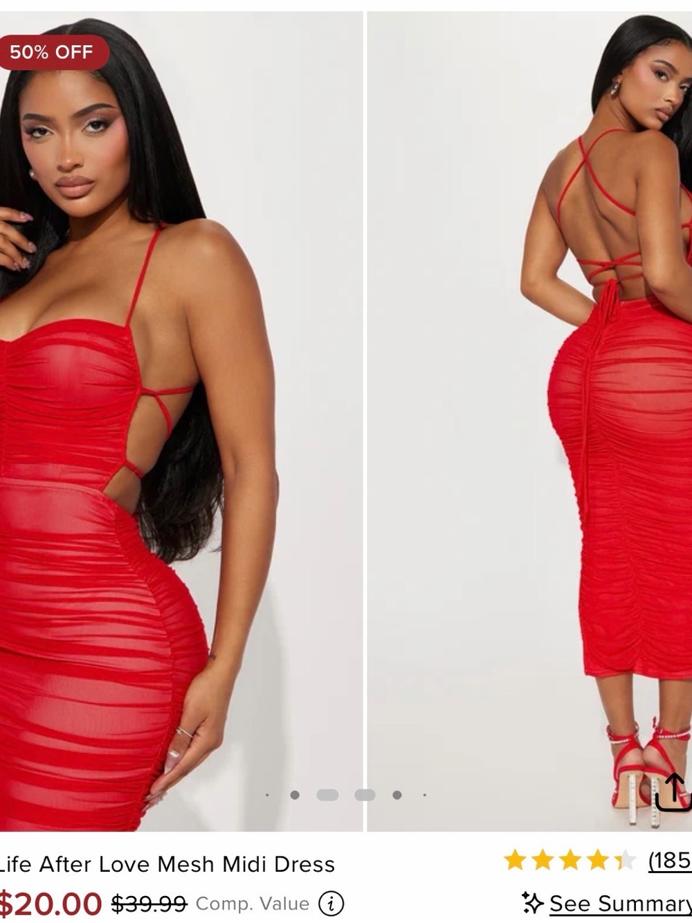 Fashion Nova Red Ruched Mesh Midi Dress